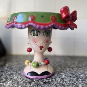 Whimsical Ceramic Lady Figurine with Green and Red Accents